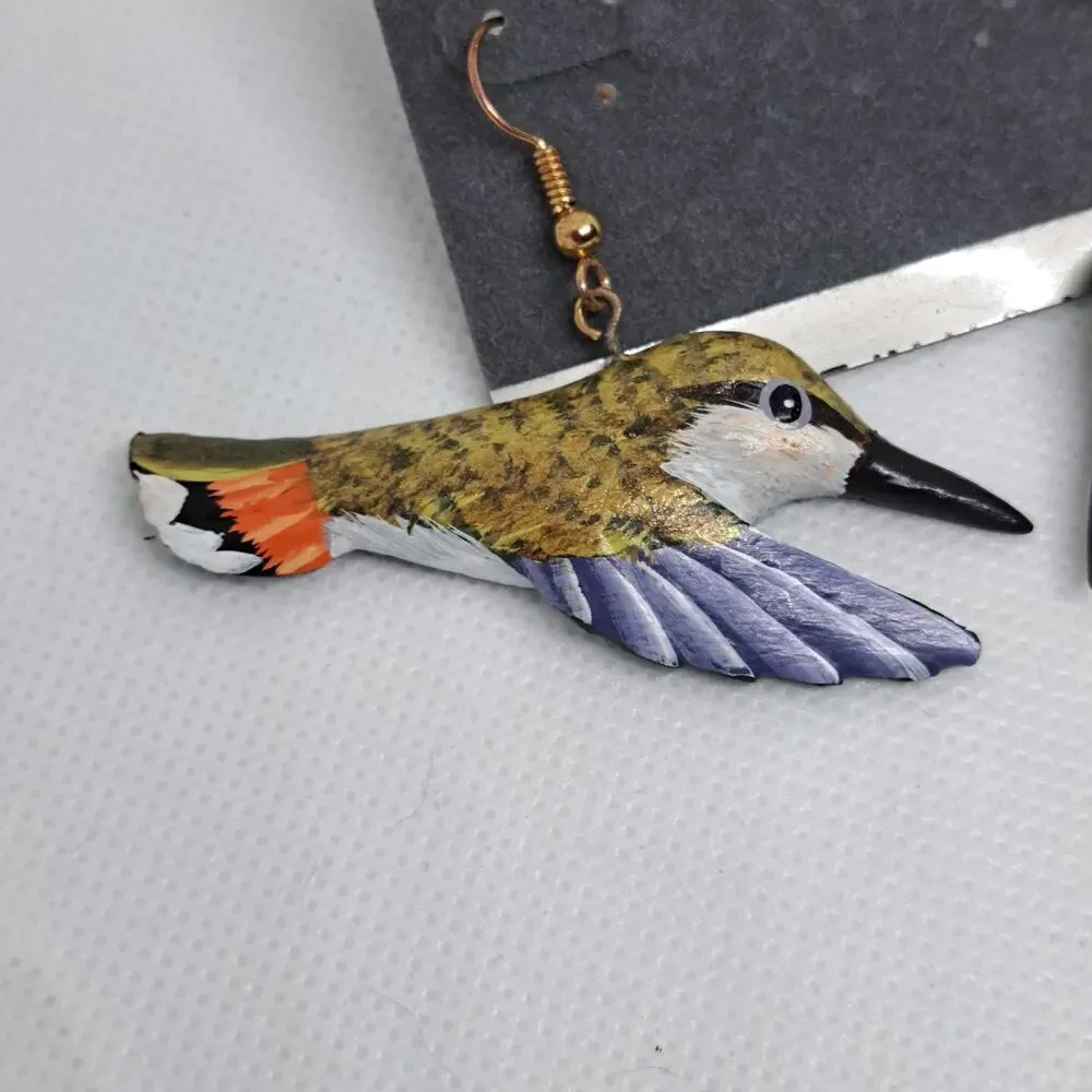 80's Handmade Handpainted Flying Hummingbird Dangle pierced earrings - Picture 3 of 8